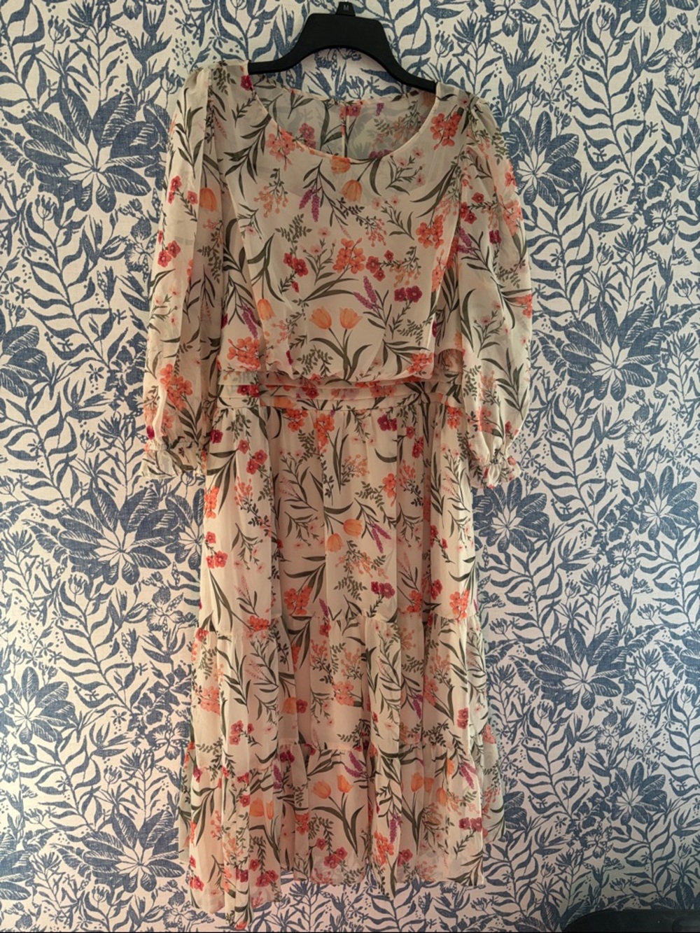 ELIZA J Floral Tiered Midi Dress in Cream with Orange & Pink Accents 14w